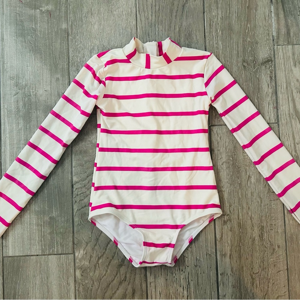 Girls Mott50 one piece Swimsuit rashguard white striped 6/7